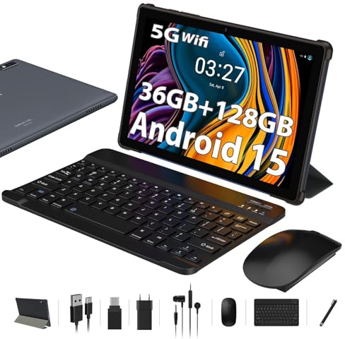 MAXLEGEN Tablette Tactile 10 Pouces, 36Go RAM 128Go ROM/2TB, WiFi 5G, Octa Core, Widevine L1, Gemini AI, Android 15, 8MP+5MP, 8000mAh, Tablette avec Clavier/Écouteur/Souris/Étui/Stylet
