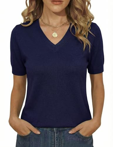Totatuit Pull Femme Manches Courtes Col V Top Tricoté Coupe Cintrée Haut | Style Élégant, Tenue Quotidienne, Facile à Associer, Style Polyvalent