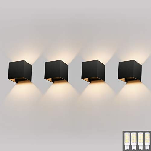 Klighten 4 Stücke LED Wandleuchte Aussen/Innen Wandlampe Warmweiß 3000K, Modern Up Down Design 9W Außenwandleuchten Mit Einer Ersetzbaren G9 Birne, IP54, Schwarz
