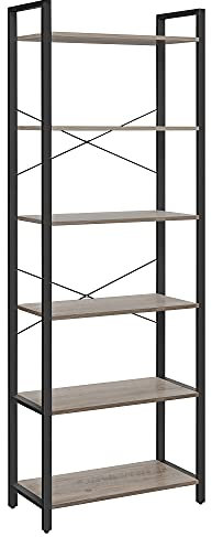 VASAGLE 6-Tier Bookshelf, Bookcase, Shelving Unit, for Office, Study, Living Room, Bedroom, 30 x 66 x 186 cm, Industrial, Heather Greige and Ink Black LLS062B02