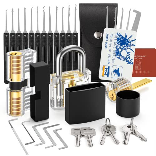 FAHEFANA 30-teiliges Lockpicking Set - [Anfänger Freundlich & 2024 Aufgerüstet] Dietrich-Set in Kreditkartengröße mit 3 Transparenten Schlösser, Anleitung zum Schlossöffnen für Anfänger und Profis
