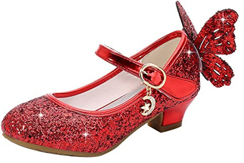 Lanivic Little Girls Princess Shoes Sequins Sweet Bows High Heels Wedding Party Dress Shoes Dance Bright Diamond Cosplay Christmas Festival Shoes Red Size 12 UK