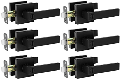 AIKKIL Matte Black Door Handle Interior Knob Keyless Levers Set (6 Pack), Heavy Duty Privacy Lock for Bedroom or Bathroom, Reversible for Left Right Sided Doors
