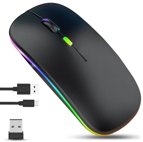 GLOBAL TECH Wireless Bluetooth Mouse, Rechargeable LED Slim Silent Mouse with Dual-Mode 2.4G & Bluetooth, USB Optical Cordless Mouse for Laptop, PC, Computer, Mac, iPad, Tablets (Black)