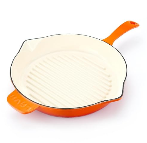Lava Enameled Cast Iron Ceramic Steak Grill Pan with Side Drip Spouts - 11 inch Round Frying Pan with White Ceramic Enamel Coated Interior - Edition Series (Orange)