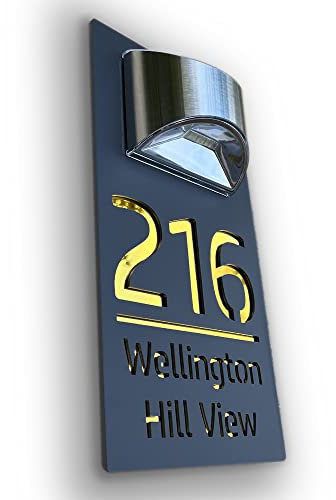 House Numbers Plaques With Solar Light House Numbers Door Signs House Signs For Wall Name For Outside 3D Laser Cut Grey and Mirrored Gold