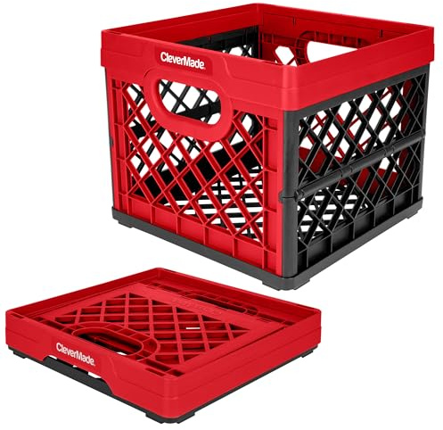 CleverMade Collapsible Milk Crate, Red, 1PK - 25L (6 Gal) Stackable Storage Bins, Holds 50lbs Per Bin - Clevercrates are Heavy Duty, Plastic Collapsible Storage Crate for Multi Purposes