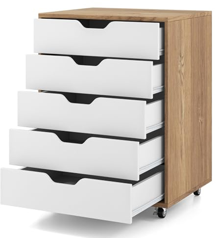 GIANTEX Caisson de Bureau Mobile 5 Tiroirs de Bureau, Meuble Bureau Rangement à Roulettes, Support d'Imprimante pour Dossiers, Documents, Papiers, 49 x 40 x 65 cm (Blanc+Naturel)