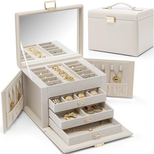 Vlando Portagioie grande con 4 livelli, portagioie in pelle PU, portagioie con specchio e cassetti, organizzatore gioielli, fodera interna in velluto, giallo chiaro