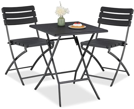 Relaxdays Tavolo da Esterno e Sedie, Set da 3 Mobili Pieghevoli e Salvaspazio da Balcone, Design Aspetto Legno, Nero