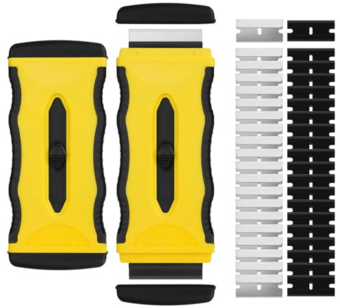 Flintronic 2 st skrapverktygssats med 20 plast- och 20 metallblad, dubbelkantad rakbladskrapa, repfri rengöringsskrapa, kokskrapa för glas, keramik, etiketter, dekaler, klistermärken (gul)