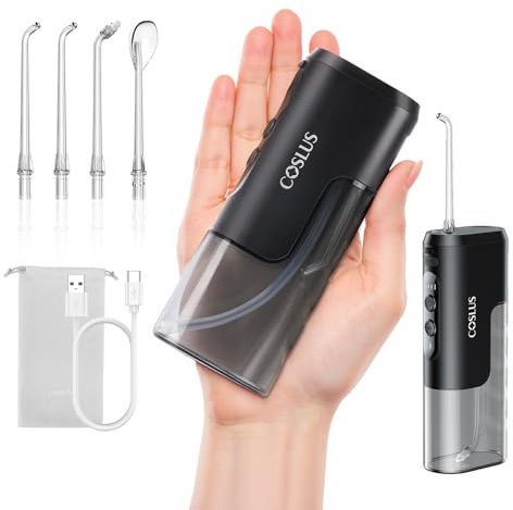 COSLUS T40 Mini Water Flosser for Travel: Portable Compact Design, Cordless Oral Irrigator with 4 Modes, Removable Tank, IPX7 Waterproof for Braces, Orthodontic, Sensitive Teeth On-the-Go Use, Black