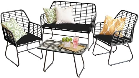 Neo Garden Furniture Patio Wicker Bamboo Style Cane Chair Table Outdoor Indoor Balcony Conservatory Rattan Cushion Sofa Set 4 Piece (Black)