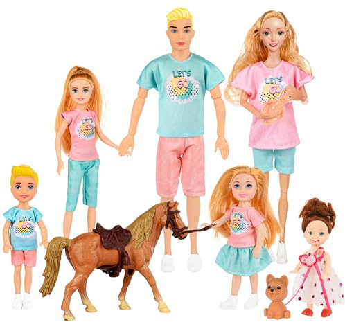 Family Dolls Set of 7 People Include Pregnant Mom Dad 4 Kids, a Small Baby in Mommy's Tummy,a Puppy Dog and a Little Horse, Doll Playsets and Accessories for 3-12 Years Old Toddlers Gift