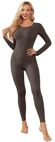 Ekouaer Conjunto Ropa Interior Térmica Mujer Camiseta Manga Larga Pantalón Termico Frio Invierno, Marrón castaño, L