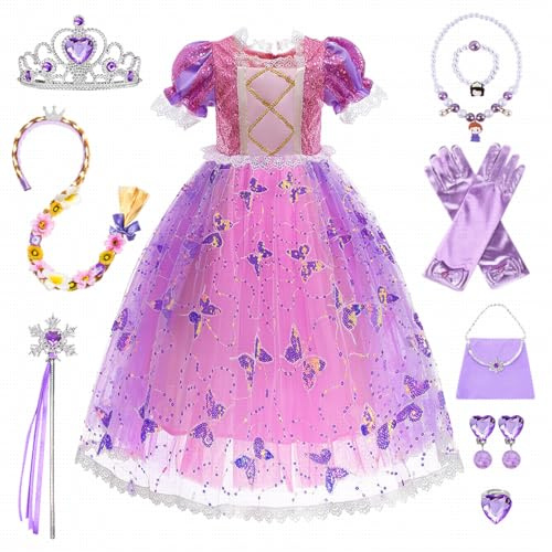 TOSZOLY Robe Princesse Fille, Déguisement Princesse avec Couronne Collier Ensemble, Deguisement Carnaval Enfant, Princesses Costumes pour Anniversaire Cosplay Fête