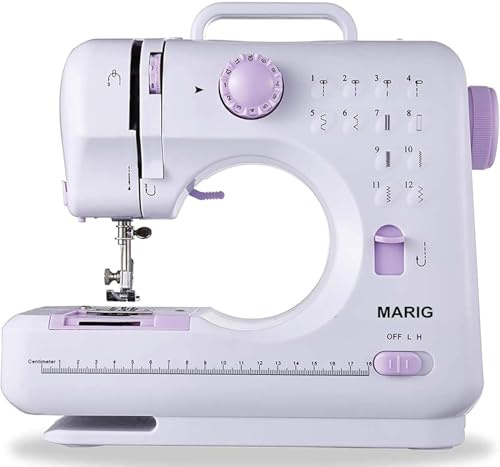 MARIG Máquina de coser para principiantes y niños, Máquina de coser con pedal, Eléctrica portátil, Doble hilo, 12 puntadas incorporadas, Manual de 5 idiomas