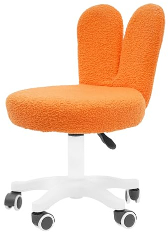 WooDerson Silla de maquillaje con ruedas, adorable forma de orejas de conejo, silla cosmética con forro polar, giratoria 360°, silla de escritorio en altura ajustable para dormitorio (naranja)