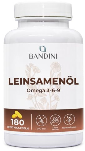Bandini® Olio di Semi di Lino 180 Softgel Vegane - Fonte di Omega 3 6 9 da Semi di Lino Macinati Finemente - 1 al Giorno (Scorta per 6 Mesi) – Da Pianta Linum Usitatissimum