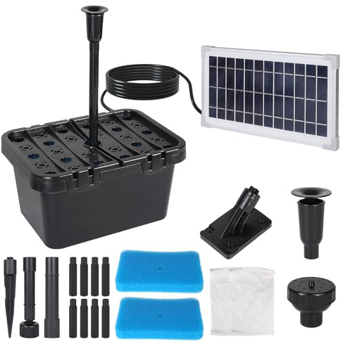 CPROSP Pompa per laghetto solare 390 l/h, pompa per laghetto da esterno con 2 inserti per fontana, modulo solare da 8 Watt, pompa solare, set completo per acqua pulita in laghetto da giardino