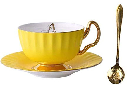 YBK Tech Bone China Cup and Saucer Set Ceramic Tea Coffee Cup for Breakfast Afternoon Tea - Butterfly and Elegance Series (Yellow)