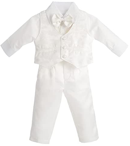 Lito Angels - Completo Abito Bianco da Battesimo per Bimbo, 4 Pezzi Set (Gilet, Camicia, Pantaloni e Papillon), Taglia 9-12 Mesi, Manica Lunga, Avorio