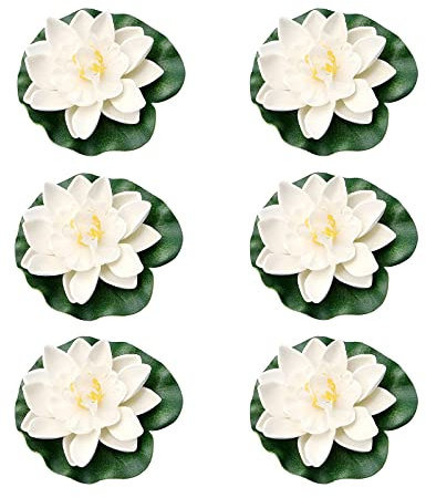 Mnixy Lot de 6 nénuphars artificiels pour décoration de Jardin ou d'étang 10 cm (Multicolore) (5 Types de Couleurs) Blanc