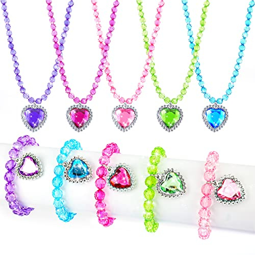 Thinp 5 Set Princess Jewelry Dress Up, Costume Play Jewelry for Girls Princess Necklace Bracelet Set for Party Favors Costume Birthday Party Favors Cosplay