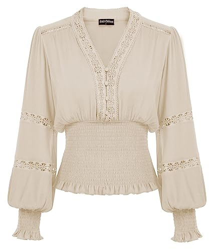 SCARLET DARKNESS Women Renaissance Tops Lace V Neck Lantern Sleeve Smocked Blouse | Eyelet Lace Trim, Smocked Waist, Dressy Casual, Boho Fall Tops