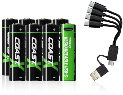 Coast AA USB-C Rechargeable Batteries, ZITHION-X, Lithium Ion 1.5v 2400 mAh, Long Lasting, Charges Under 2.5 Hours, Charging Cable Included, 8-Battery Pack