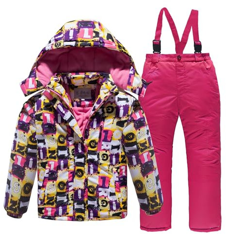 linboo Unisex Kinder Skianzug mit Kapuze Winddicht Wasserdicht Schneeanzug 2 teilig Skijacke + Skihose Verdickte Atmungsaktiv Skioverall für Jungen und Mädchen, Rot, 134-140