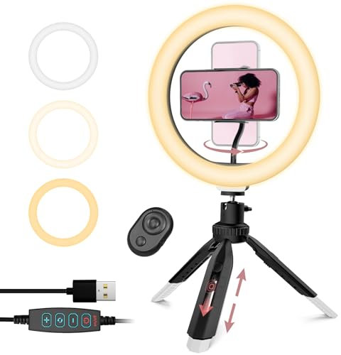 RealPlus 10 Aro de Luz Trípode Ajustable de Escritorio, Anillo de Luz, LED Ringlight con Controlador Bluetooth para Movil, Regalos Originales para Mujer, Tiktok, Live Streaming,Vlog, Selfie