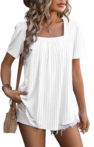 Flikity Womens Tops Dressy Casual Square Neck Ladies Summer Tops | Puff Short Sleeve Blouses Pleated Tunic Clothes Flowy Loose Solid Summer T Shirts S-XXL