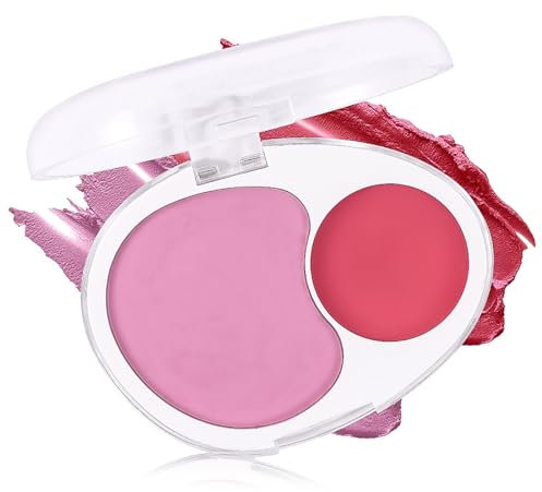 Cream Dual Blush, Two-Tone Cream Blush, Lip & Cheek Makeup Blush Buildable Lightweight, Tinted Balm Blusher Multi-Use Creamy Soft Matte Finish