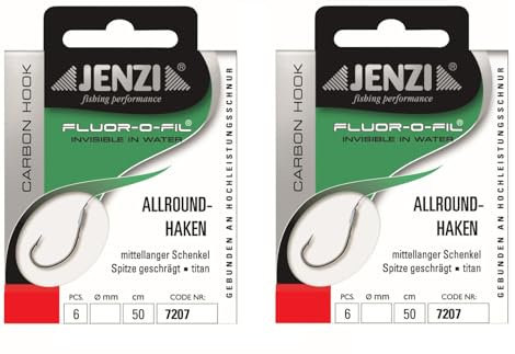 Set: 2 Packungen JENZI gebundene Allroundhaken Angelhaken (12 Stück), an Fluor Carbon, Vorfach fertig 50cm Hakengröße 4, 6, 8, 10, 12 + gratis Petri Heill! Aufkleber (Hakengröße 6)