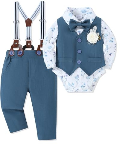 SOLOYEE Bébé Garçon Costume Gentleman Tenue Bapteme, Enfant Mariage Fete Costume Manches Longues Barboteuse + Pantalon + Gilet + Noeud papillon + Corsage (Bleu, 6-12 Mois)