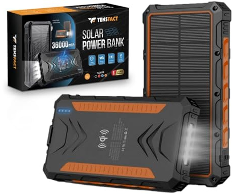 Tensfact Solar Powerbank 3 6 000 mAh trådlös laddare – powerbank solenergi – USB och USB-C - Orange