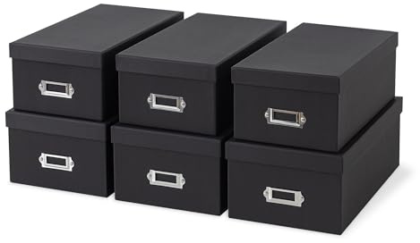 Soul & Lane Black Storage Boxes - Set of 6 (3 Large, 3 Medium), Keepsake Memory Storage Boxes with Lids, Cardboard Organizers with Label Holders for Photos, Crafts, Collectibles