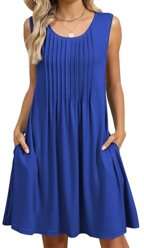 FUNSEED - Vestidos de verano para mujer, cuello redondo suelto, sin mangas, vestido largo sin mangas, estampado con bolsillo