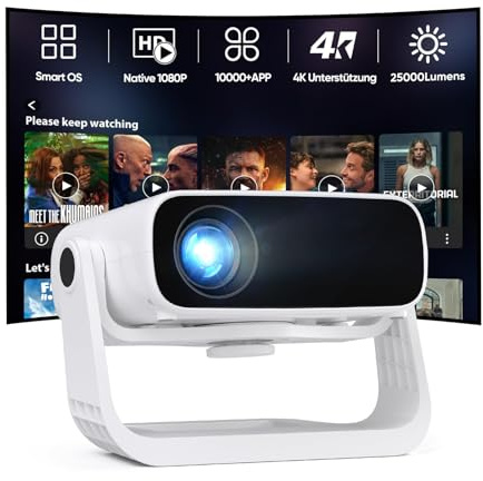 2026 Neuer Upgraded Smart Beamer Full HD 1080P, 25000 Lumens, Android 11，Integrierte Apps, 4D Trapezkorrektur，WiFi 6 & BT 5.2, Heimkino 4K Beamer mit 120° drehbarem Ständer für iOS/Android/Laptops