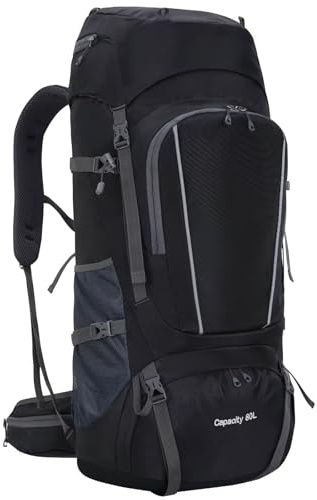 Ezmina 80L Hiking Backpack with Rain Cover Large Camping Rucksack for Men Women Lightweight Travel Backpacking Waterproof Trekking Bag Hiker Daypack for Touring Climbing Outdoor Sport Mountaineering