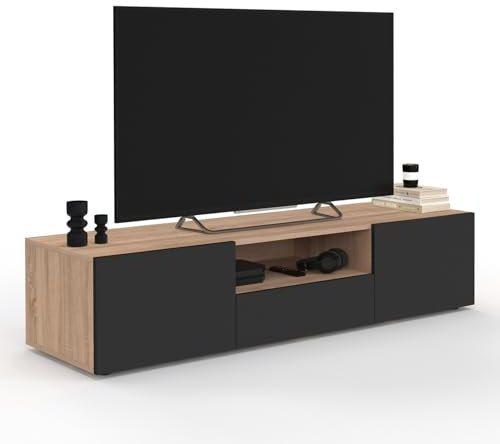 IDMarket - Meuble TV 140 cm ELI Bois façon hêtre Portes Noires
