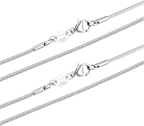 Hcvone 2pcs/3pcs 925 Silver 1.0mm Snake/Box Chain 2.0mm Curb Chain Necklace For Women 16''-30'' Inch For Layered Looks Or Replacement (2pcs 1mm snake chain, 20inch)