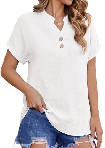 HEEKPEK Camicia Estiva Donna Blusa Elegante Cotone Camicetta Manica Corta Casual Scollo a V Camicie Moda Tinta Unita Classico Top Estive T Shirt con Bottoni(Bianco,L)