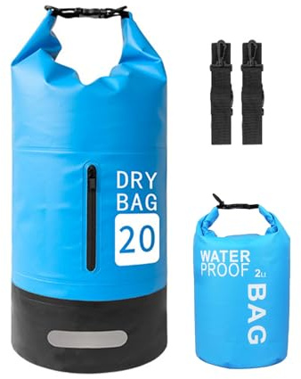 Doorslay Mochila Seca Impermeable Flotante 20L + 2L Bolsa Estanca con Correa de Hombro Ajustable, Saco Seco Impermeable para Pesca, Rafting, Camping, Senderismo, Esquí, Pesca (Blue)