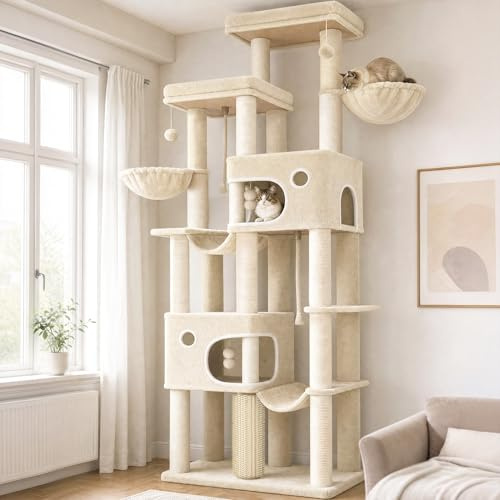 Hzuaneri Klösträd, 213 cm XXL kattträd, 2 extra stora plattformar, 2 stora grottor, 10 klöstammar, 2 hängmattor, korg, kattborstar, pom poms, lämplig för Maine Coon katter, beige MS21418YL