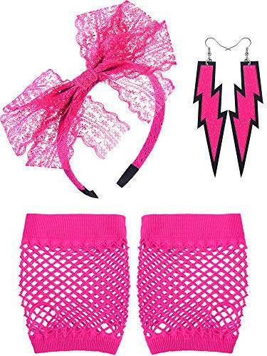 Blulu 80s Costume Accessories for Women Lace Headband Neon Earrings Fishnet Gloves for 80s Retro Party Halloween (Rose red)