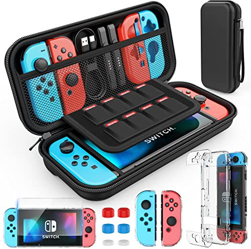 HEYSTOP Tasche Kompatibel mit Nintendo Switch Zubehör mit Hülle Transparent Kompatibel mit Nintendo Switch Schutzfolie Daumen Kappen Kompatibel mit Nintendo Switch Konsolen Zubehör.