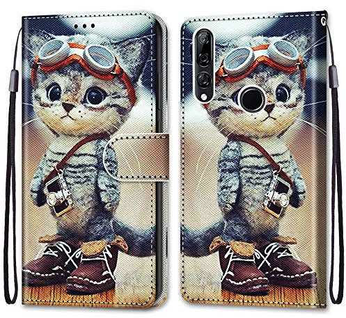 ShinyCase Étui pour Huawei P Smart Z Coque PU Leather Cuir Anti-Rayures Protection Cover Emplacement Carte Portefeuille Magnétique Téléphone Case pour Huawei Y9 Prime2019,Chat de Dessin Animé