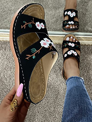 HHZY Sandales Confortables Orthopédiques pour Femme Sandales Brodées de Fleurs pour Dames Sandales Compensées Décontractées Chaussures de Plage Mules D'été,Noir,US8/EU39